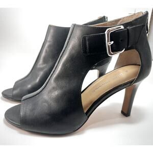Black Leather Buckled Peep Toe Cut Out Ankle Boot Zippered 7M